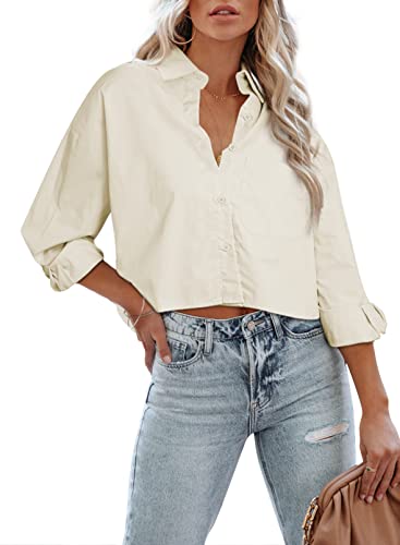 BLENCOT Damen Bluse Button Down Crop Shirts Oversized Langarm Casual Hemd Tops Einfarbig V-Ausschnitt Bluse von BLENCOT