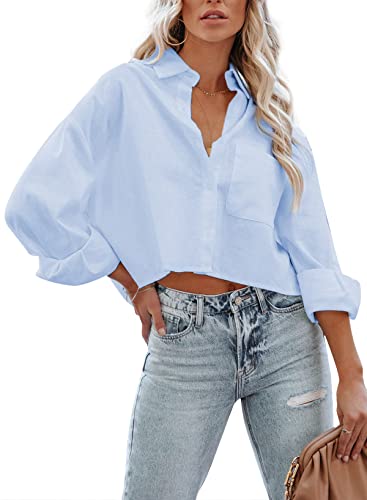 BLENCOT Damen Bluse Button Down Crop Shirts Oversized Langarm Casual Hemd Tops Einfarbig V-Ausschnitt Bluse von BLENCOT