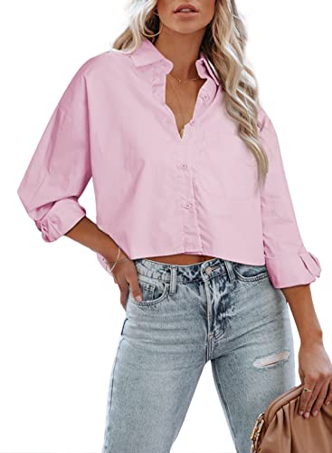 BLENCOT Damen Bluse Button Down Crop Shirts Oversized Langarm Casual Hemd Tops Einfarbig V-Ausschnitt Bluse von BLENCOT