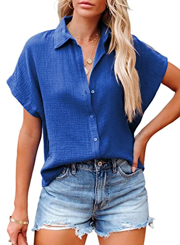 BLENCOT Damen Bluse Casual Sommer Kurzarm Oberteile V-Ausschnitt Button Down Shirts Bluse Tops von BLENCOT