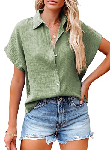 BLENCOT Damen Bluse Casual Sommer Kurzarm Oberteile V-Ausschnitt Button Down Shirts Bluse Tops von BLENCOT