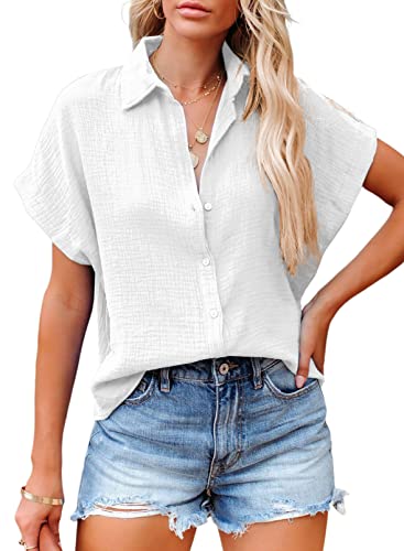 BLENCOT Damen Bluse Casual Sommer Kurzarm Oberteile V-Ausschnitt Button Down Shirts Bluse Tops von BLENCOT