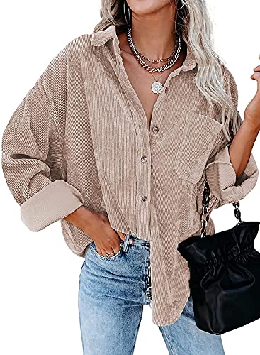 BLENCOT Damen Bluse Einfarbig Pullover Corduroy Braun Hemd Langarm Sweatshirts Oversized Strickjacke V-Ausschnitt Shirt Button Down Tuniken Jacket Dame Blusen Warm Tops Winter Herbst Mantel M von BLENCOT