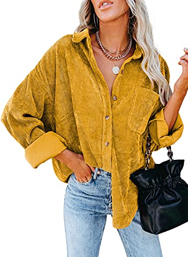 BLENCOT Damen Hemd Elegant Hemdjacke Oversized Jacket Langarm Cord Hemd Button Down Cordjacke Basic Bluse Mantel Shacket Einfarbig Shirt Outwear Herbst Winter Freizeitjacke Hemdbluse Gelb S von BLENCOT