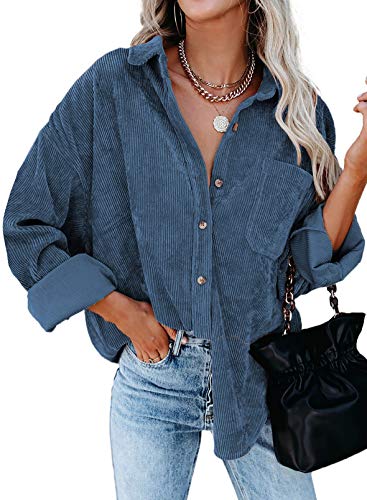 BLENCOT Damen Hemd Elegant Hemdjacke Oversized Jacket Langarm Cord Hemd Button Down Cordjacke Basic Bluse Mantel Shacket Einfarbig Shirt Outwear Herbst Winter Freizeitjacke Himmelblau Hemdbluse XXL von BLENCOT