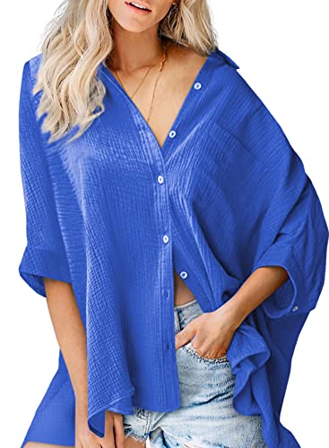 BLENCOT Damen Bluse Elegant 3/4 Ärmel Blusehemd Einfarbig Loose Oberteile Tops Oversize Button Down Shirt Bluse von BLENCOT