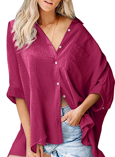 BLENCOT Damen Bluse Elegant 3/4 Ärmel Blusehemd Einfarbig Loose Oberteile Tops Oversize Button Down Shirt Bluse von BLENCOT