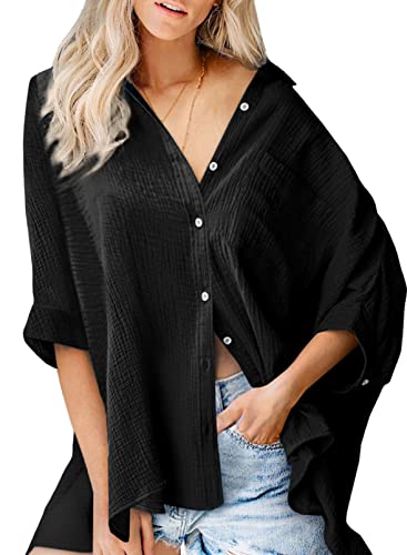 BLENCOT Damen Bluse Elegant 3/4 Ärmel Blusehemd Einfarbig Loose Oberteile Tops Oversize Button Down Shirt Bluse von BLENCOT