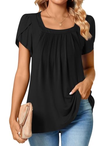 BLENCOT Damen Bluse Elegant Baumwolle Shirts Kurzarm Tunika Top Oberteile Quadratisch Kragen T-Shirt von BLENCOT