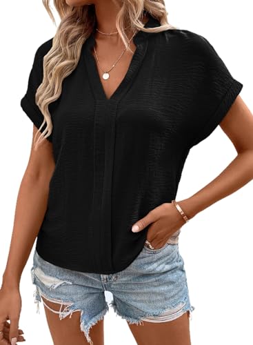 BLENCOT Damen Bluse Elegant Kurzarm V-Ausschnitt Hemd Casual Business Einfarbig Oberteile Tops von BLENCOT