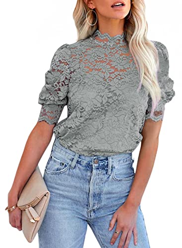 BLENCOT Damen Bluse Elegant Oberteile Shirts Sommer Spitze Puff Kurzarm Stehkragen Casual Hemden mit Trennbar Cami von BLENCOT