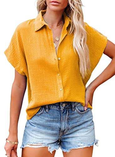 BLENCOT Damen Bluse Kurzarm Casual Sommer Shirts Oberteile Baumwolle Button Down Bluse Tops von BLENCOT