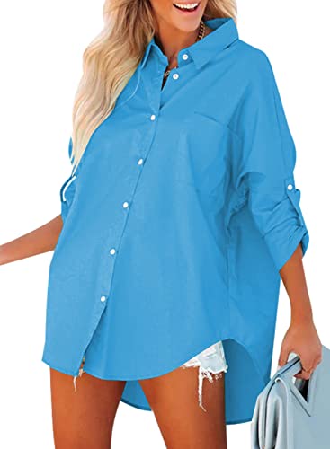 BLENCOT Damen Bluse Langarm Basic Hemd Bluse Casual Button Shirt Einfarbig Oversize Tunika Blusen Top von BLENCOT