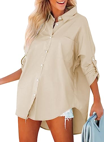 BLENCOT Damen Bluse Langarm Basic Hemd Bluse Casual Button Shirt Einfarbig Oversize Tunika Blusen Top von BLENCOT