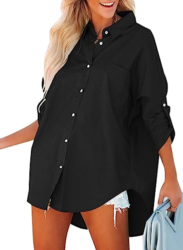 BLENCOT Damen Bluse Langarm Basic Hemd Bluse Casual Button Shirt Einfarbig Oversize Tunika Blusen Top von BLENCOT