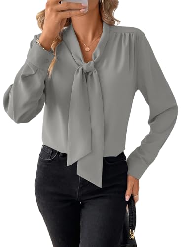 BLENCOT Damen Bluse Langarm Hemdbluse Elegant V-Ausschnitt Casual Tunika Hemd Fliege Knoten Blusen Tops von BLENCOT