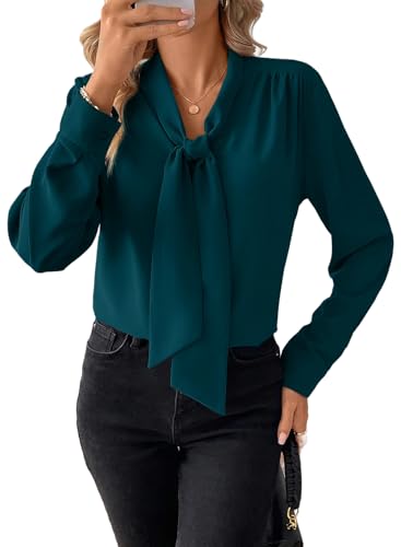 BLENCOT Damen Bluse Langarm Hemdbluse Elegant V-Ausschnitt Casual Tunika Hemd Fliege Knoten Blusen Tops von BLENCOT