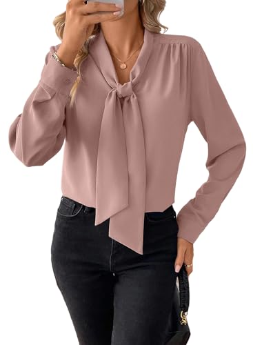 BLENCOT Damen Bluse Langarm Hemdbluse Elegant V-Ausschnitt Casual Tunika Hemd Fliege Knoten Blusen Tops von BLENCOT