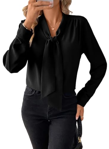 BLENCOT Damen Bluse Langarm Hemdbluse Elegant V-Ausschnitt Casual Tunika Hemd Fliege Knoten Blusen Tops von BLENCOT