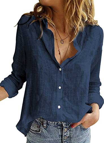 BLENCOT Damen Bluse Langarm Hemden Casual V-Ausschnitt Roll Up Ärmel Button Down Blusen Tops,L,Blau-2 von BLENCOT