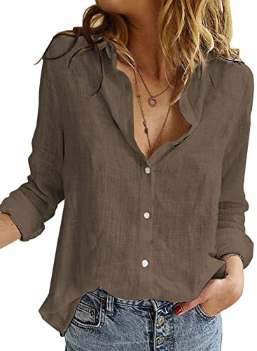 BLENCOT Damen Bluse Langarm Hemden Casual V-Ausschnitt Roll Up Ärmel Button Down Blusen Tops,L,Braun-2 von BLENCOT