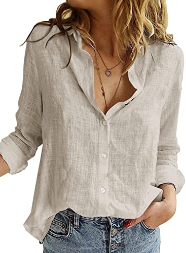 BLENCOT Damen Bluse Langarm Hemden Casual V-Ausschnitt Roll Up Ärmel Button Down Blusen Tops,L,Grau von BLENCOT