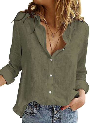 BLENCOT Damen Bluse Langarm Hemden Casual V-Ausschnitt Roll Up Ärmel Button Down Blusen Tops,L,Grün von BLENCOT