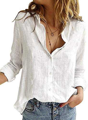 BLENCOT Damen Bluse Langarm Hemden Casual V-Ausschnitt Roll Up Ärmel Button Down Blusen Tops,L,Weiß von BLENCOT