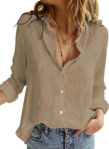 BLENCOT Damen Bluse Langarm Hemden Casual V-Ausschnitt Roll Up Ärmel Button Down Blusen Tops,M,Khaki von BLENCOT