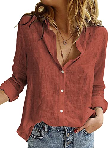 BLENCOT Damen Bluse Langarm Hemden Casual V-Ausschnitt Roll Up Ärmel Button Down Blusen Tops,M,Orange-2 von BLENCOT