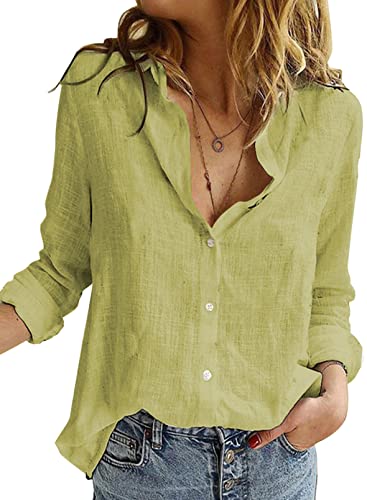 BLENCOT Damen Bluse Langarm Hemden Casual V-Ausschnitt Roll Up Ärmel Button Down Blusen Tops,S,Gelb-2 von BLENCOT