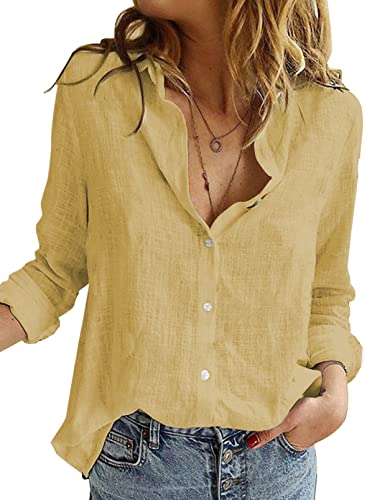 BLENCOT Damen Bluse Langarm Hemden Casual V-Ausschnitt Roll Up Ärmel Button Down Blusen Tops,S,Gelb von BLENCOT