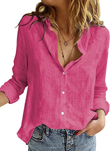 BLENCOT Damen Bluse Langarm Hemden Casual V-Ausschnitt Roll Up Ärmel Button Down Blusen Tops,S,Rose von BLENCOT