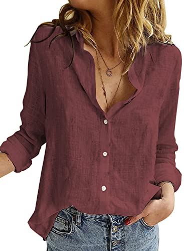 BLENCOT Damen Bluse Langarm Hemden Casual V-Ausschnitt Roll Up Ärmel Button Down Blusen Tops,S,Rot von BLENCOT