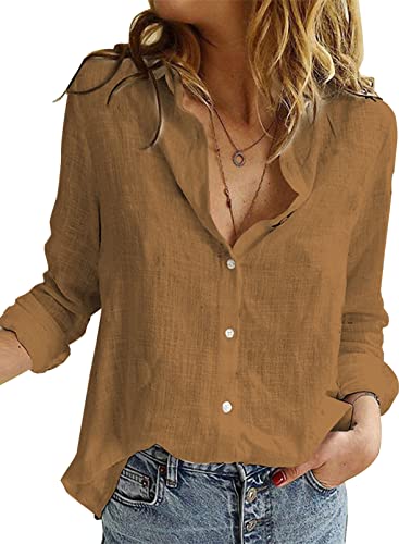 BLENCOT Damen Bluse Langarm Hemden Casual V-Ausschnitt Roll Up Ärmel Button Down Blusen Tops,XL,Braun von BLENCOT