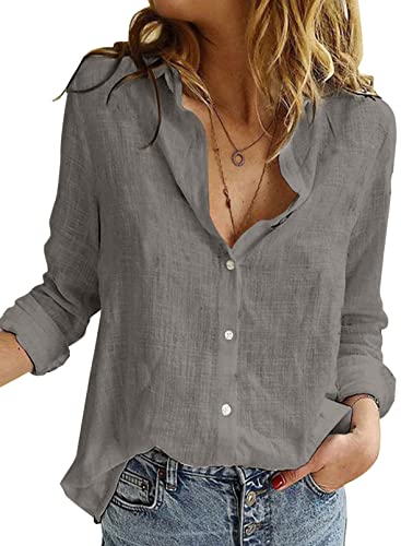 BLENCOT Damen Bluse Langarm Hemden Casual V-Ausschnitt Roll Up Ärmel Button Down Blusen Tops,XL,Grau-2 von BLENCOT