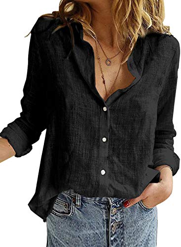 BLENCOT Damen Bluse Langarm Hemden Casual V-Ausschnitt Roll Up Ärmel Button Down Blusen Tops,XXL,Schwarz von BLENCOT