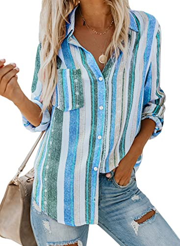 BLENCOT Damen Bluse Langarm Hemden Streifen Oberteile Casual Langarmshirt Casual Button Down Blusen Tops von BLENCOT