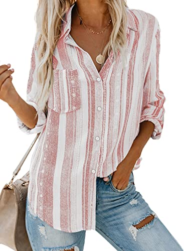 BLENCOT Damen Bluse Langarm Hemden Streifen Oberteile Casual Langarmshirt Casual Button Down Blusen Tops von BLENCOT