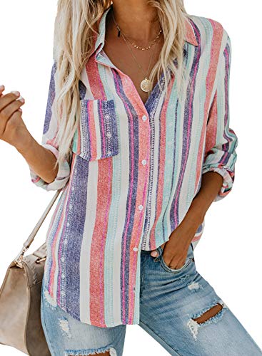 BLENCOT Damen Bluse Langarm Hemden Streifen Langarmshirt Casual Button Down Blusen Tops von BLENCOT