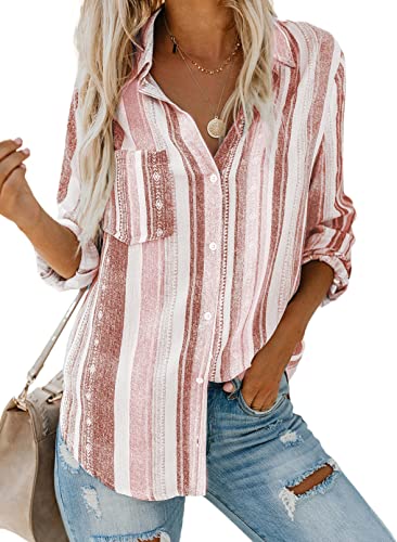 BLENCOT Damen Bluse Langarm Hemden gestreift Oberteile Casual Langarmshirt Casual Button Down Blusen Tops von BLENCOT