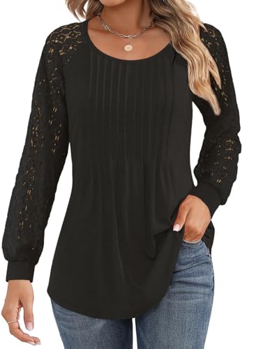 BLENCOT Damen Bluse Musselin Langarmshirt Tunika Tops Basic Blusehemd Spitzen Oberteile Herbst Winter von BLENCOT