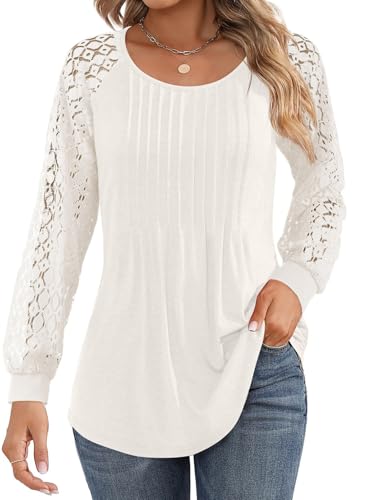 BLENCOT Damen Bluse Musselin Langarmshirt Tunika Tops Basic Blusehemd Spitzen Oberteile Herbst Winter von BLENCOT
