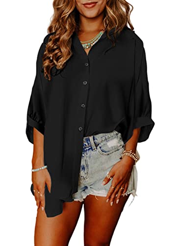 BLENCOT Damen Bluse Sommer Oversized Button Down 3/4 Ärmel Shirts Side Schlitz Dressy Casual Blusen Loose Fit Tunika Tops von BLENCOT