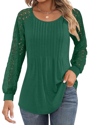 BLENCOT Damen Bluse Spitze Langarm Tunika Tops Plissee Rundhalsausschnitt Oberteile Dressy Lose T-Shirts von BLENCOT