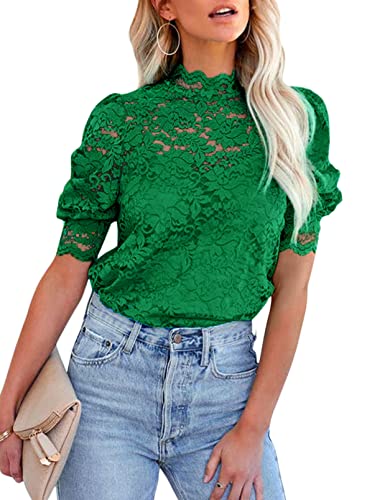 BLENCOT Damen Bluse Spitze mit Cami Tops Puff Kurzarm Stehkragen Elegant Hemden,Grün,M von BLENCOT
