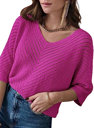 BLENCOT Damen Dünner Pullover Herbst Casual 3/4 Ärmel Einfarbig V-Ausschnitt Loser Pullover Strick Pullover Tops von BLENCOT