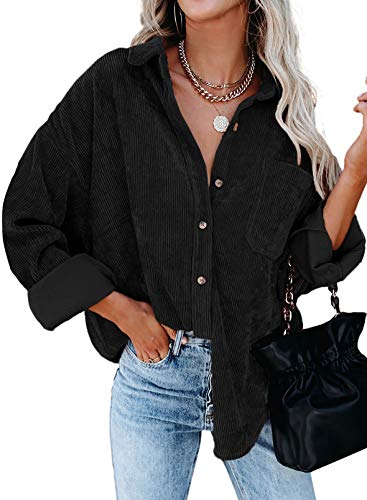 BLENCOT Damen Hemd Elegant Hemdjacke Oversized Jacket Langarm Cord Hemd Button Down Cordjacke Basic Bluse Mantel Shacket Einfarbig Shirt Outwear Herbst Winter Freizeitjacke Hemdbluse Schwarz XXL von BLENCOT