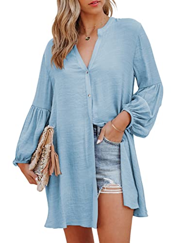 BLENCOT Damen Longbluse Button down Cover up Bikini Kleidbluse Oberteile Sommer Langarm Shirts von BLENCOT