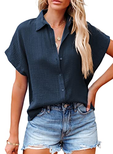 BLENCOT Damen Musselin Bluse Herbst Sommer Hemdbluse Kurzarm Oberteile V-Ausschnitt Button Down Shirts von BLENCOT